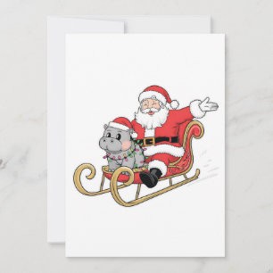 Santa Riding Sleigh met een Moo Deng Baby Hippo Save The Date