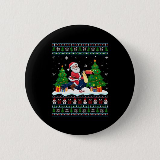 Santa Riding Toucans Tree Lights Ugly Christmas Sw Ronde Button 5,7 Cm (Voorkant)
