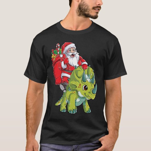 Santa Riding Triceratops Dinosaur Christmas Boys K T-shirt (Voorkant)