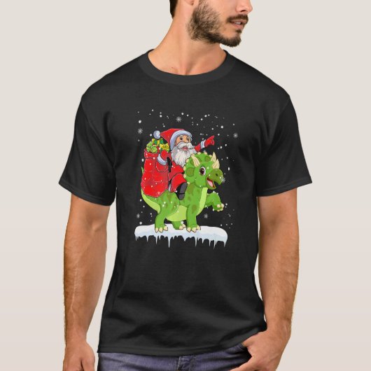 Santa Riding Triceratops Dinosaur Christmas Boys X T-shirt (Voorkant)