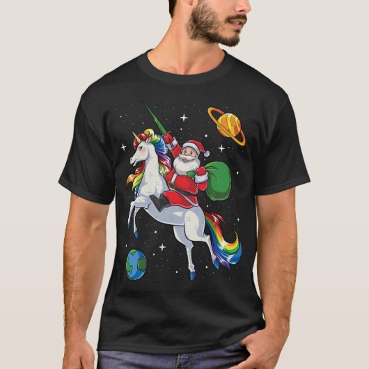 Santa Riding Unicorn Christmas Gifts Rainbow Space T-shirt (Voorkant)