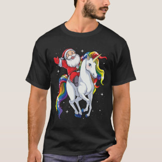 Santa Riding Unicorn Christmas Gifts Rainbow Space T-shirt