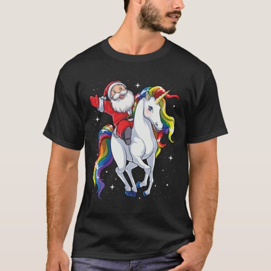 Santa Riding Unicorn Christmas Gifts Rainbow Space T-shirt (Voorkant)