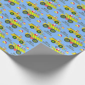 Santa rijden op dump vrachtwagen en bulldozer blau cadeaupapier (Hoek)