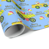 Santa rijden op dump vrachtwagen en bulldozer blau cadeaupapier (Rol Hoek)