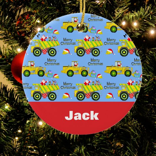 Santa rijden op dump vrachtwagen en bulldozer blau keramisch ornament