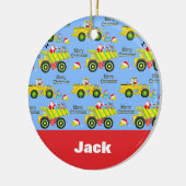 Santa rijden op dump vrachtwagen en bulldozer blau keramisch ornament (Links)