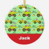 Santa rijden op dump vrachtwagen en bulldozer groe keramisch ornament (Voorkant)