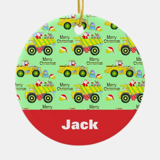 Santa rijden op dump vrachtwagen en bulldozer groe keramisch ornament (Voorkant)