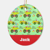 Santa rijden op dump vrachtwagen en bulldozer groe keramisch ornament (Links)