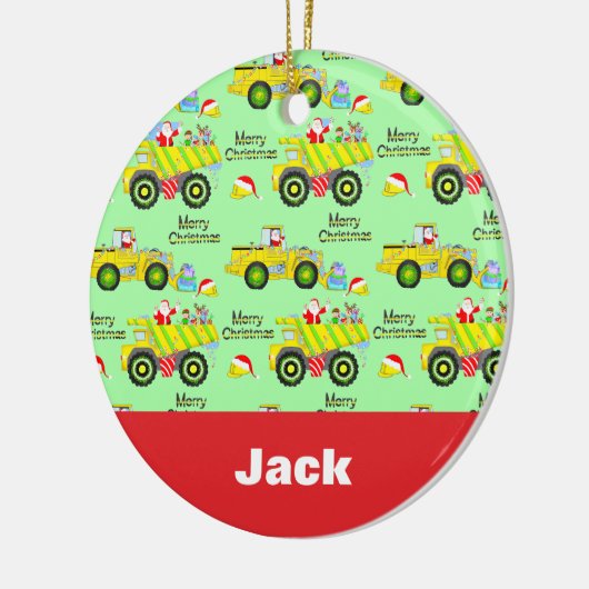 Santa rijden op dump vrachtwagen en bulldozer groe keramisch ornament (Links)