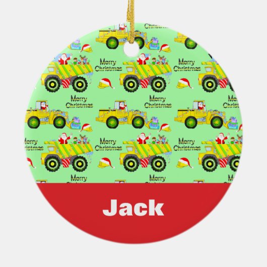 Santa rijden op dump vrachtwagen en bulldozer groe keramisch ornament (Achterkant)