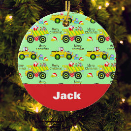 Santa rijden op dump vrachtwagen en bulldozer groe keramisch ornament