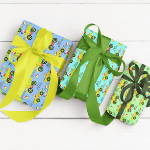 Santa rijden op dump vrachtwagen en bulldozer inpakpapier vel