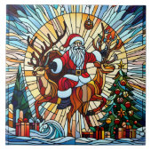 Santa rijdend rendier tussen feestelijk versierde tegeltje (Voorkant)