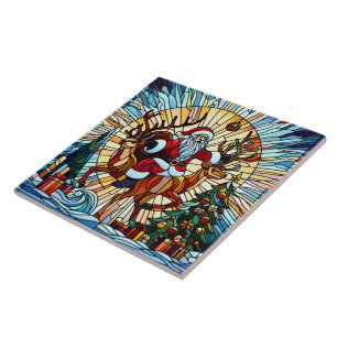 Santa rijdend rendier tussen feestelijk versierde  tegeltje