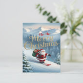 Santa rijdt ski's beneden een met sneeuw bedekte h briefkaart (Staand voorkant)