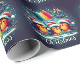 Santa Robins met de Roemeense vlag Cadeaupapier