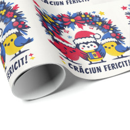 Santa Robins met de Roemeense vlag krans Cadeaupapier
