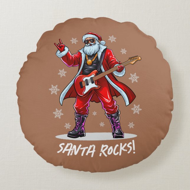 Santa Rocks! Grappige Kerstman speelt gitaar Rond Kussen (Voorkant)