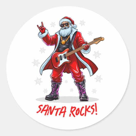 Santa Rocks! Grappige Kerstman speelt gitaar Ronde Sticker (Voorkant)