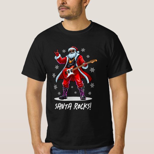 Santa Rocks! Grappige Kerstman speelt gitaar T-shirt (Voorkant)