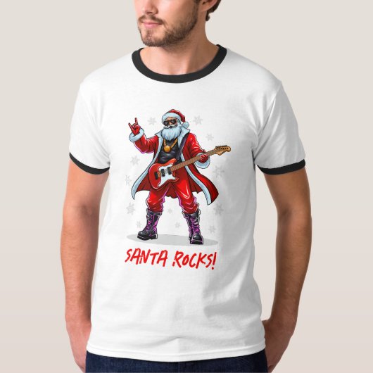 Santa Rocks! Grappige Kerstman speelt gitaar T-shirt (Voorkant)