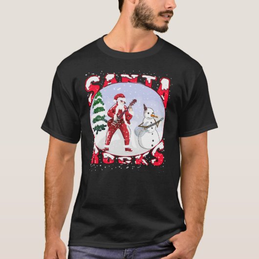 Santa Rocks Playing Guitar With Snowman T-shirt (Voorkant)