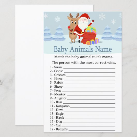Santa, Rudolph Baby Animals Name Game baby shower (Voorkant / Achterkant)