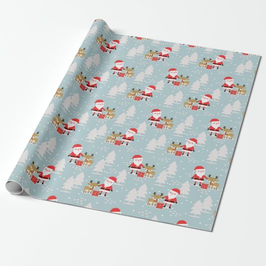 Santa Rudolph en Pine Trees Cadeaupapier (Uitgerold)