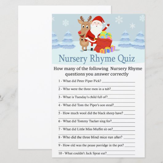 Santa, Rudolph Nursery Rhyme Quiz baby shower game (Voorkant / Achterkant)
