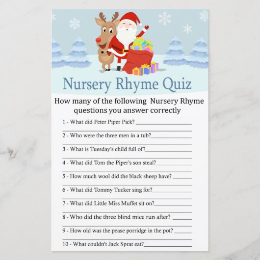 Santa, Rudolph Nursery Rhyme Quiz baby shower game (Voorkant)