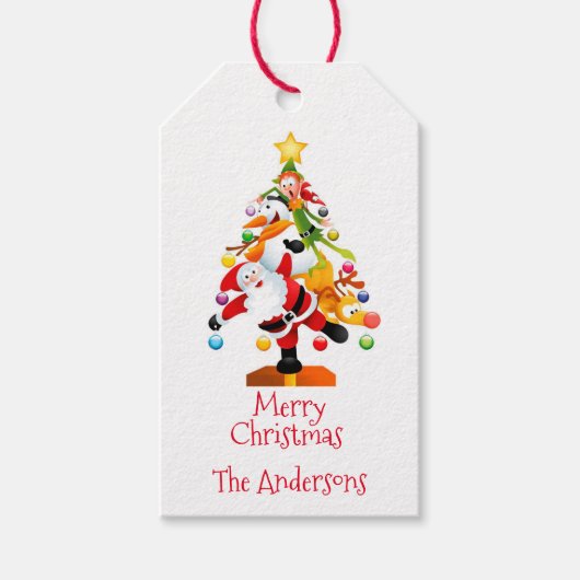 Santa, Rudolph, Snowman en Elf Cadeaulabel (Voorkant)