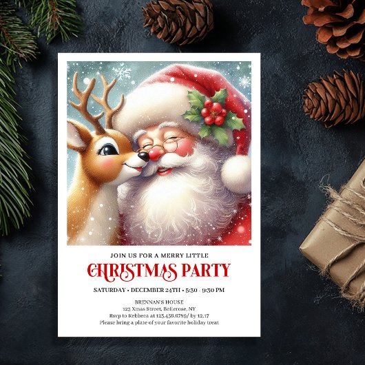 Santa Rudolph Traditional Christmas Party Invite Kaart
