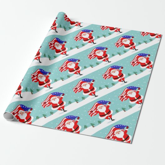Santa running with american flag cadeaupapier (Uitgerold)