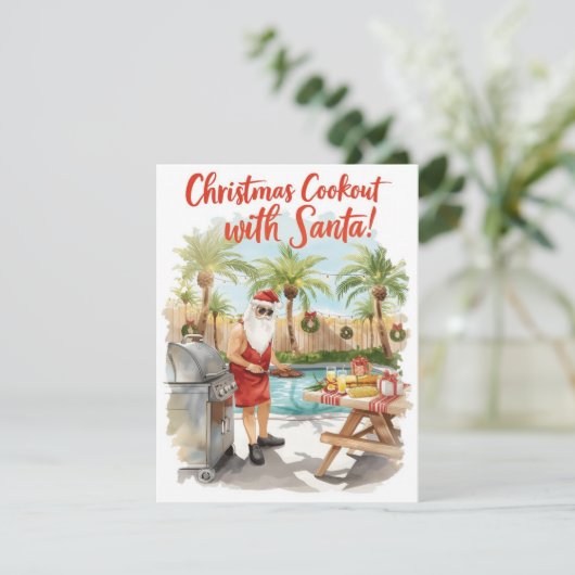 Santa’s Christmas Barbecue – Modern Watercolor Feestdagenkaart (Staand voorkant)