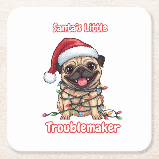 Santa’s Little Troublemaker – Funny Christmas Pug  Kartonnen Onderzetters (Voorkant)