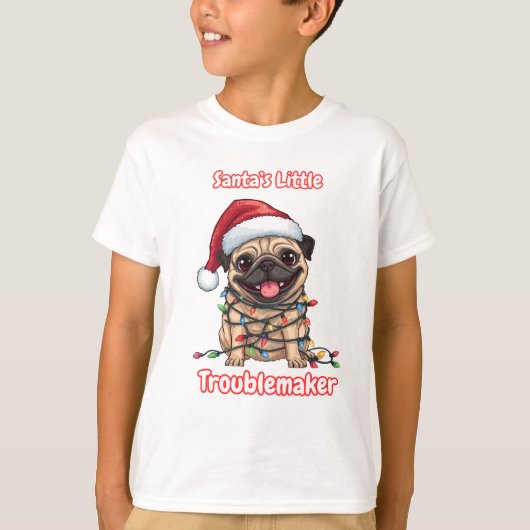 Santa’s Little Troublemaker – Funny Christmas Pug T-shirt (Voorkant)