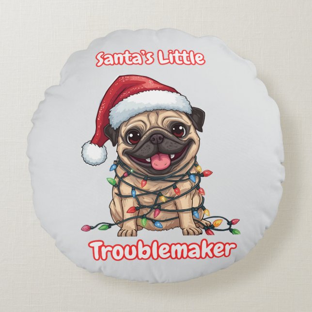 Santa’s Little Troublemaker Pug Round Pillow Rond Kussen (Voorkant)