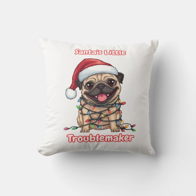 Santa’s Little Troublemaker Pug Throw Pillow  Kussen (Voorkant)
