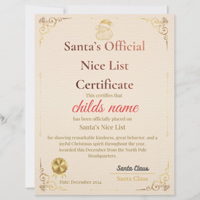 Santa’s Nice List Certificate   Briefhoofd (Voorkant)
