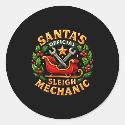 Santa’s Sleigh Mechanic Funny Christmas Design Ronde Sticker (Voorkant)