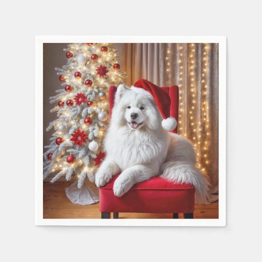 Santa Samoyed hond op een rode stoel Servet (Voorkant)