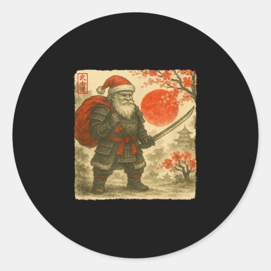 Santa Samurai Japanese Warrior Costume Sumi-e Art  Ronde Sticker (Voorkant)