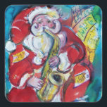 SANTA & SAX, CHRISTMAS PARTY VIERKANTE STICKER<br><div class="desc">De kleurrijke,  lichtzinnige,  leuke kerstman speelt saxofone met muzieknoten in levendige rode,  gele,  blauwe,  witte kleuren met gouden gele florale sparkles erin.</div>
