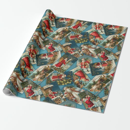 Santa Scatter Blue Wrapping Paper Cadeaupapier (Uitgerold)