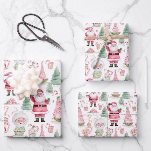 Santa Scene Roze Coördinerende Kerstmis Inpakpapier Vel (Voorkant)