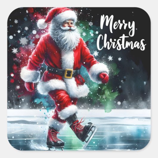 Santa Schaatsen gelukkig buiten Vierkante Sticker (Voorkant)