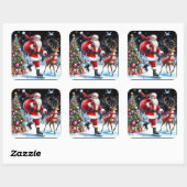 Santa schaatsen met een rendier door boom vierkante sticker (Vel)