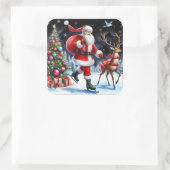 Santa schaatsen met een rendier door boom vierkante sticker (Tas)